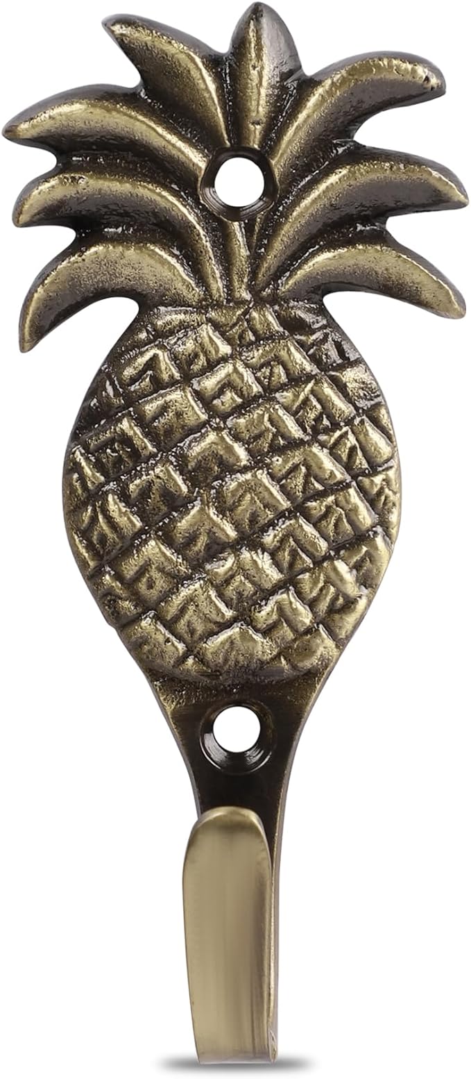 Multipurpose Hooks, Used to Hang Clothes, Bags, Coats, Curtain Hold Backs, Keys, Colour - Antique Gold, Material - Brass, Pineapple Design, Screws and Wallplugs Included, Pack of 2 Pieces