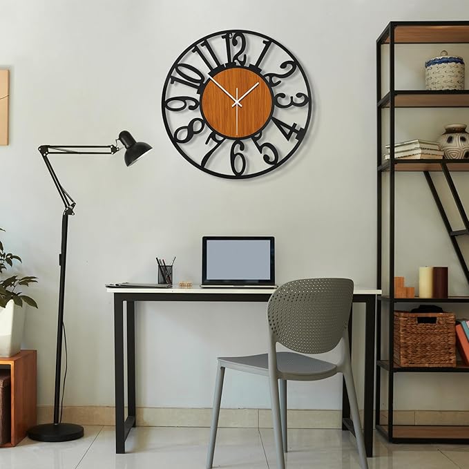 Maxstar Round Wall Clock for Living Room Decor Battery Operated Non Ticking Black Metal Wood Clocks for Home Living Room Garden Office Kitchen Decoration -20 inch