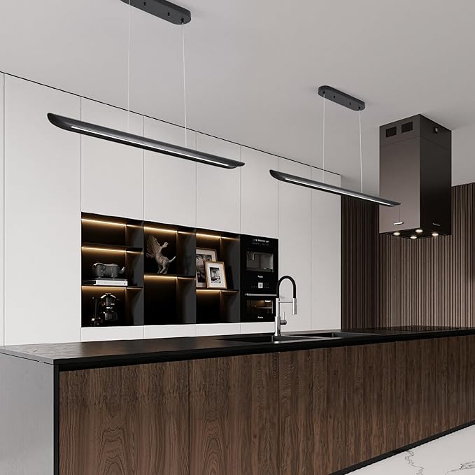 47" Modern Led Linear Pendant Light 36w Dimmable Ceiling Hanging Lights Wood Linear Chandeliers Office Lighting for Dining Room Kitchen Island Pool Table Light Living Room Bar Pendant Light Black