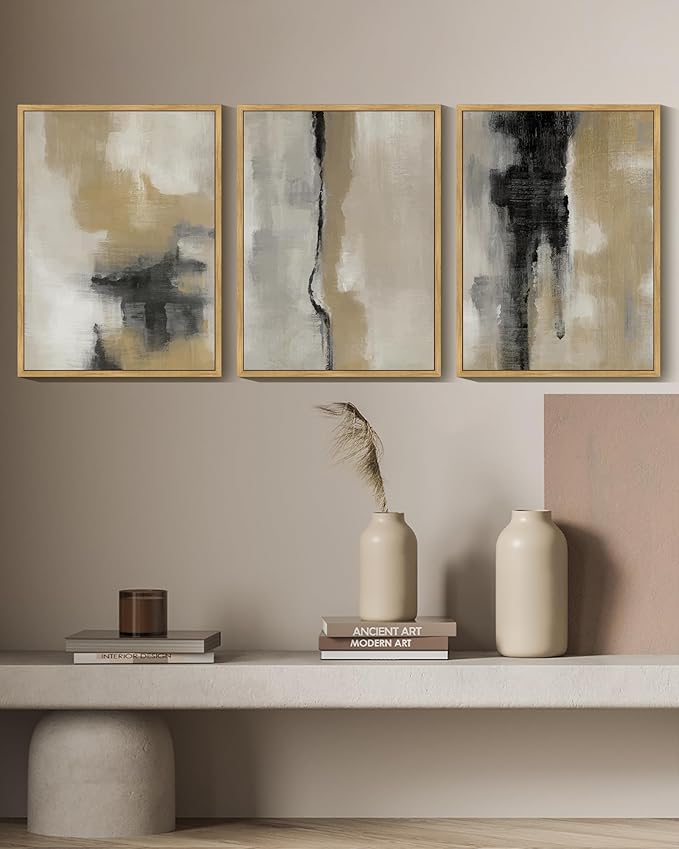 KUVIOKE Black Abstract Framed Wall Art Neutral Graffiti Pastel Minimalist Wall Decor Modern Art Painting for Bedroom Living Room 11x14in (Natural Framed)