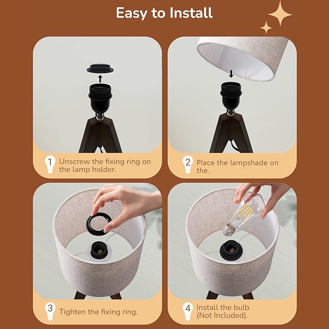 Tripod Table Lamp, Wooden Desk Lamp with Linen Beige Lampshade, 14.37 in Small Bedside Lamps, Brown Wooden E26 Base Lamps for Night Stands, Home, Office, Living Room, Dorm(Bohemian)