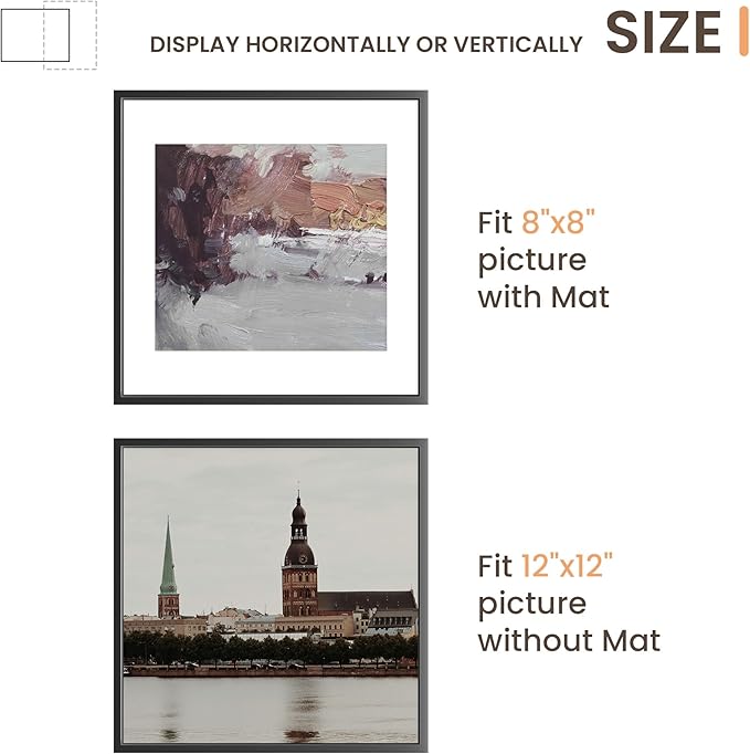 12x12 Metal Picture Frame Black, 12x12 Durable Thin Aluminum Photo Frames with Removable Mat for 8x8 Photo, Wall Hanging Metal Poster Frame with High Definition Plexiglass, Set of 1