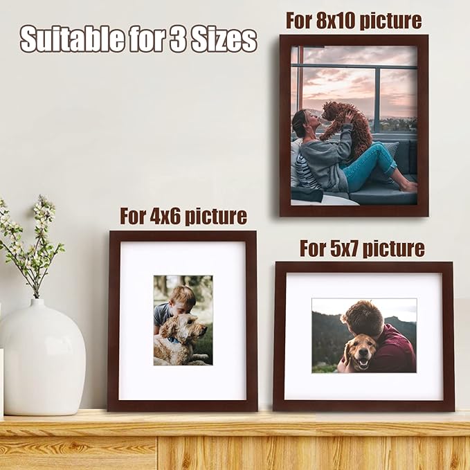 Egofine 8x10 Picture Frames Made of Solid Wood with Plexiglass, Display Pictures 4x6/5x7 with Mat or 8x10 Without Mat Set of 4 for Tabletop and Wall Mounting, Walnut Color