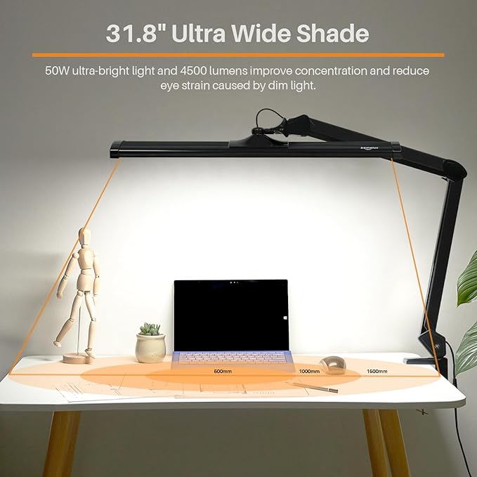 LED Architect Desk Lamp, 4500 Lumens, Dimmable, Metal Swing Arm, 5 Color Temperatures, 50W, Ideal for Task Work, Drafting, Reading, Clamp-on Office Table Lamp with 684 Bright LEDs (Black, CCT)