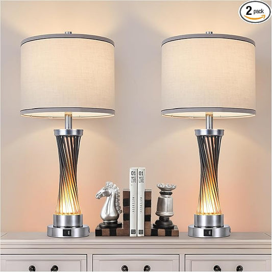 3-Way Dimmable Table Lamp Set of 2,Touch Control Lamp with Night Light,Modern Blue Crystal Table Lamps for Bedroom,Living Room，Bedside Lamps with USB A+C Ports，Fabric Lampshade(Blubs Included)