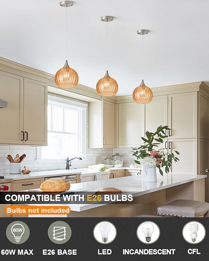 Brushed Nickel Pendant Lights Kitchen Island, Globe Pendant Light Fixtures with 8 Inch Clear Glass Shade, Modern Hanging Light Fixtures for Kitchen, Bedroom (1 Pack - Amber Glass Pendant Light)