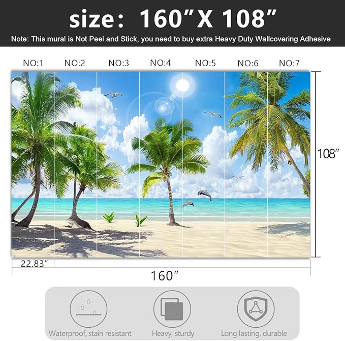 -Tropical Beach Palm Leaves Living Room Fabric Wallpaper Ocean Dolphin Plants Boys Girls Kids Room Bathroom Bedroom Large Mural- 160"x108"（ not Peel and Stick）