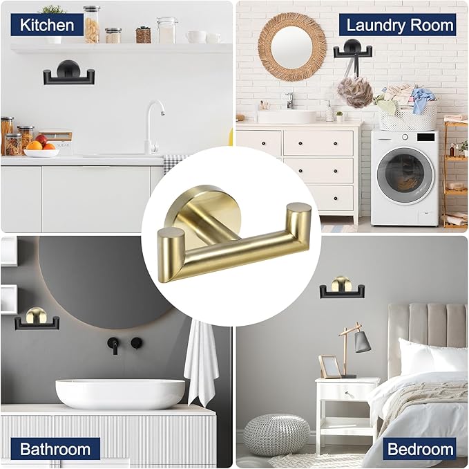 uxcell Double Towel Hook, Stainless Steel Coat Hook, Wall Mount Robe Hooks Hand Towel Hanger for Bathroom Kitchen Living Room, Brushed Gold