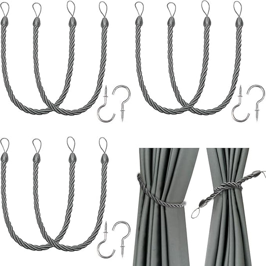 BEL AVENIR Curtain Ropes Tiebacks Tie-Backs, Curtain Handmade Holdbacks with 6 Metal Screw Hooks(Charcoal,6p)
