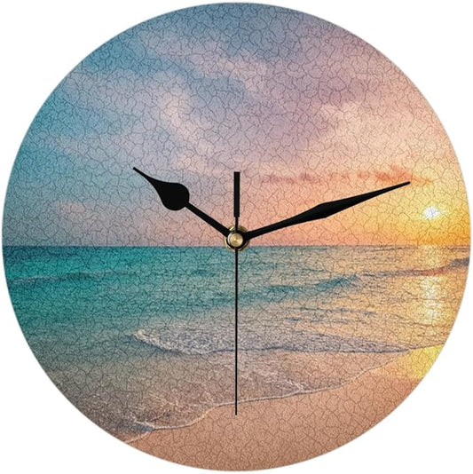 Sunset Beach Decorative Wall Clocks, Silent Non Ticking Wall Clock Battery Operated, Art of Texture in Oil Painting Frameless Wall Clock, for Living Room, Bathroom, Cafe, Hotel, Yoga Studio, 9.84 Inch