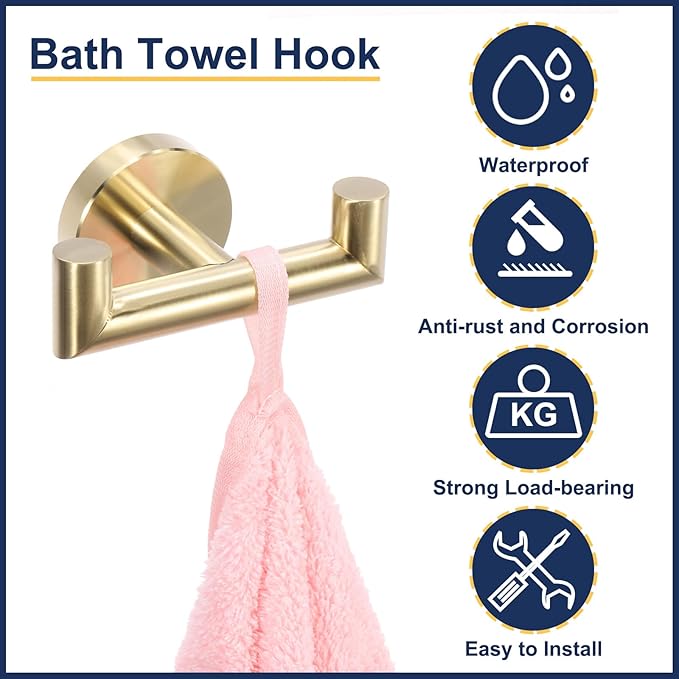 uxcell Double Towel Hook, Stainless Steel Coat Hook, Wall Mount Robe Hooks Hand Towel Hanger for Bathroom Kitchen Living Room, Brushed Gold