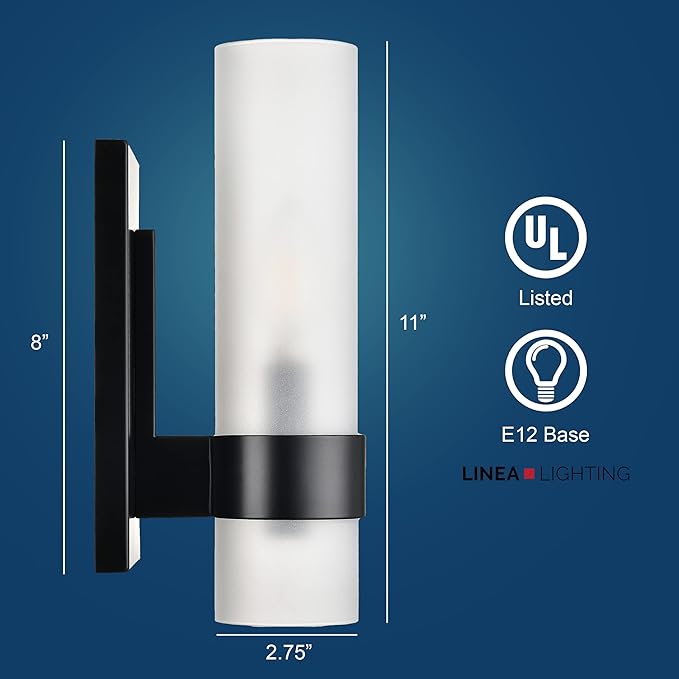 Linea di Liara Teramo Farmhouse Matte Black Modern Bathroom Wall Lights for Hallway and Bedroom Wall Sconce Lighting Fixture - Frosted Glass Shade