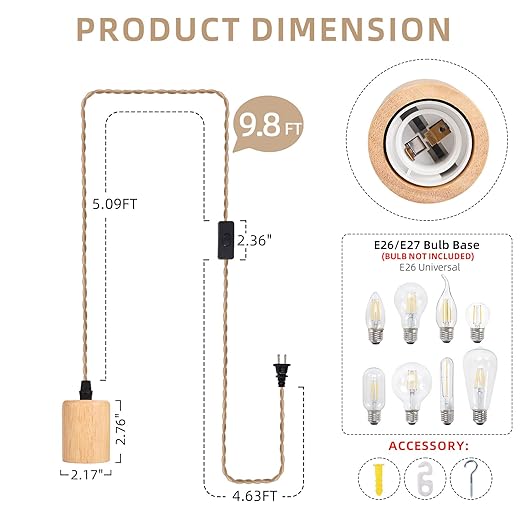 Arturesthome Wood Pendant Light Cord Kit with Switch, 9.8FT Vintage Industrial Hanging Light Plug in Lamp Cord with Twisted Nylon Rope Lights Socket E26 E27 for Farmhouse Lamp Cable Retro DIY