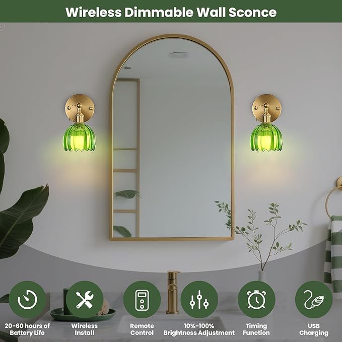 Battery Operated Wall Sconce Set of 2 with Green Floral Glass Shade Vintage Wireless Wall Light with Remote Control for, Living Room, Bedroom, Dressing Table and Bathroom Timer/Memory Function/Dimmer