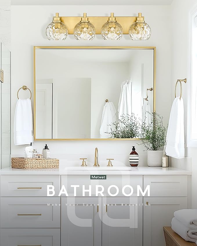 Bathroom Light Fixtures Over Mirror, 26" Brushed Gold Bathroom Vanity Light with Clear Hammered Glass Globe Shade, 4-Light Modern Sconces Wall Lighting, VL200-BG-CL-4