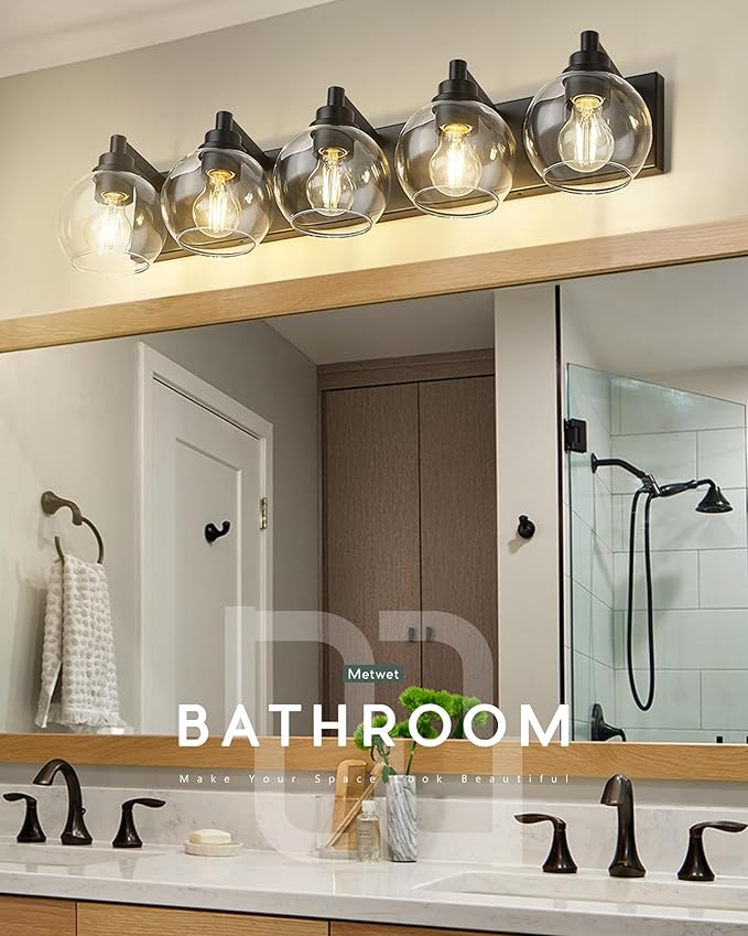 Bathroom Light Fixtures, 5 Light Matte Black Vanity Light, 32 Inch Modern Wall Sconces with Globe Clear Glass Shade, Vanity Lighting Fixtures Over Mirror, VL195-MB-CL-5