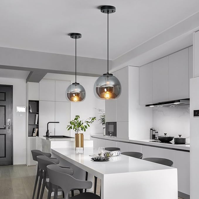 1-Light Mirror Smoke Gray Glass Pendant Lights Kitchen Island Black Hanging Light Fixture 7.87" Glass Globe Pendant Light Modern Pendant Lighting for Kitchen Island Bedroom Dining Room