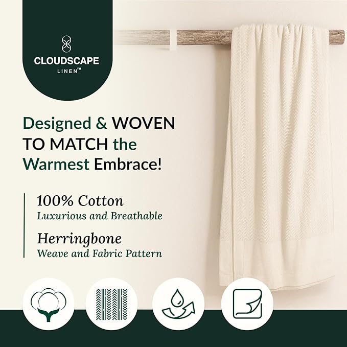 Cloud Scape Linen Herringbone Cotton Throw Blanket for Couch, Bed,Sofa, Home Decor, Soft, Lightweight, All-Season Bed Blanket, 50 x 70, Ivory