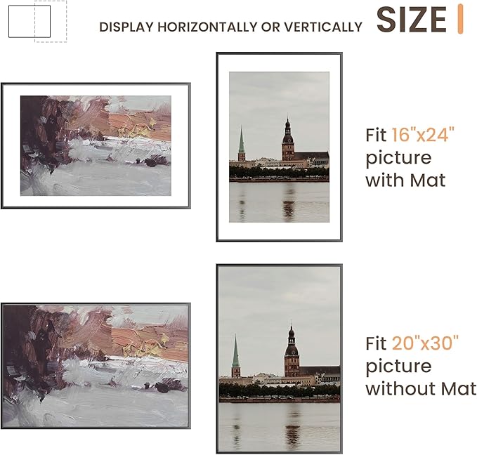 20x30 Aluminum Picture Frame, 20x30 Black Metal Frame with Mat for 16x24 Photo, Wall Mounting or Tabletop Display, Poster Frame Sawtooth Picture Hangers Included for Home Wall Decor, Set of 2