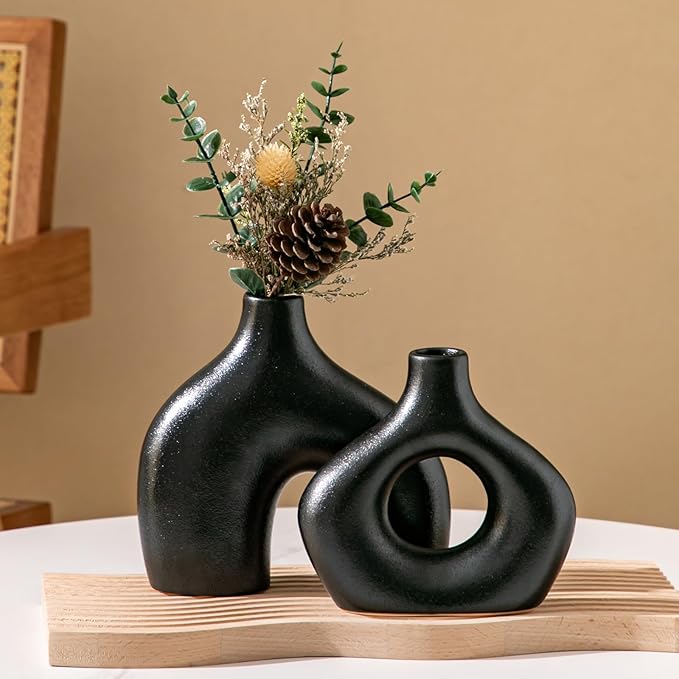 Ceramic Vase Set of 2, Black Pampas Grass Vases for Home Decor, Round Boho Vases for Flowers, Nordic Minimalism Style vase for Table Centerpiece Living Room Bedroom Shelf Decor