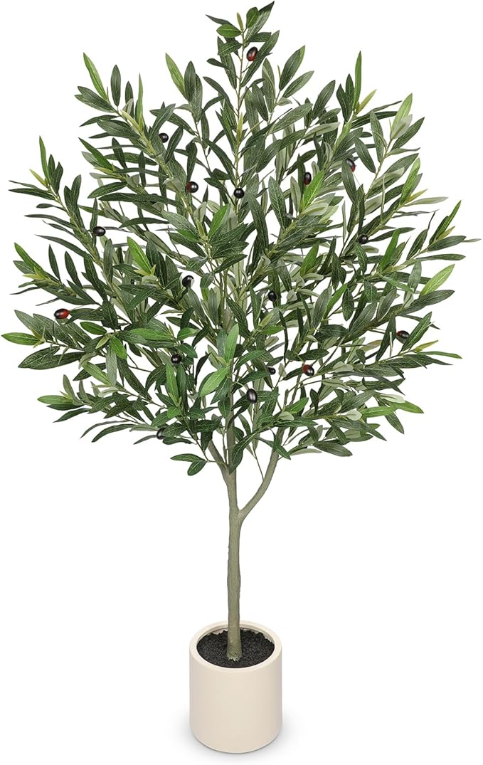 Hollyone Faux Olive Tree with Pot 4.2FT Small Fake Olive Tree Indoor 50.4inch with Natural Wood Trunk and Lifelike Fruits Potted Artificial Tree Plant Home Office Modern Housewarming Decoration Gift