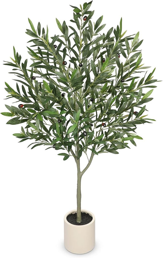 Hollyone Faux Olive Tree with Pot 4.2FT Small Fake Olive Tree Indoor 50.4inch with Natural Wood Trunk and Lifelike Fruits Potted Artificial Tree Plant Home Office Modern Housewarming Decoration Gift