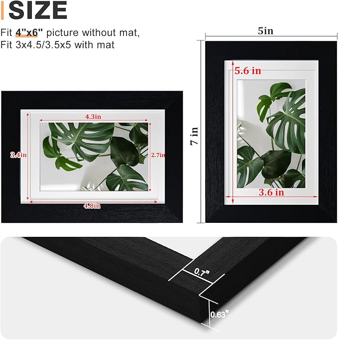 Egofine 4x6 Picture Frames 4PCS Covered by Plexiglass for Picture 3x4.5/3.5x5 with Mat or 4x6 whitout Mat Made of Solid Wood for Table Top Display and Wall Mounting Photo Frame, Black with Texture
