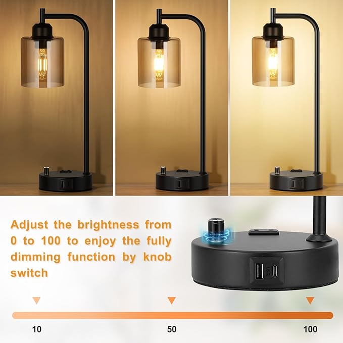 Industrial Bedside Lamps for Nightstand Set of 2 - Fully Dimmable Bedroom Lamps with USB A C Ports and Outlet, Black Table Lamps with Amber Glass Shade for Living Room, Desk Lamps for Office Reading