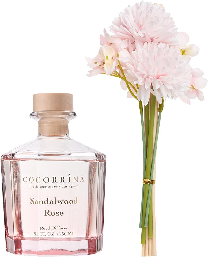 COCORRÍNA Reed Diffuser - Sandalwood Rose 8.5oz Flower Reed Diffuser Set with 8 Sticks, Home Fragrance Reed Diffuser for Home Bedroom Office Bathroom Shelf Decor (Master Collection)