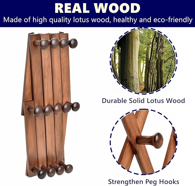 Amber Home Wood Accordion Wall Rack 13 Hooks (Pegs), Expandable Wall Mounted Hanger for Coat, Hat, Scarf, Coffee Mugs, X Shape Coat Hooks (Antique Retro Color)