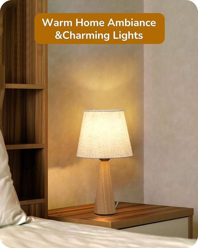 EDISHINE 13.58" Small Cute Table Lamp, Wooden Base Bedside Lamp with Beige Linen Lampshade, Space-Saving Nightstand Lamp for Nursery Bedroom Living Room, E26, ON-Off Button, Burlywood Base