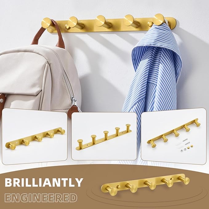 Angle Simple Towel Hook Rack Brushed Gold, SUS304 Stainless Steel Bathroom Hook Rail 5 Hooks, Utility Kitchen Towel Holder, Wall Mount