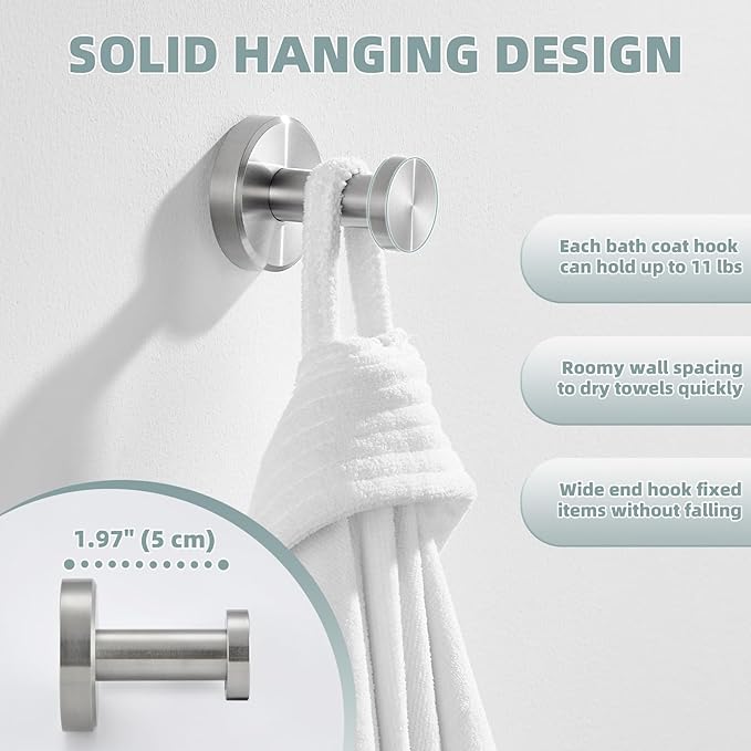 APLusee Brushed Nickel Towel Hook, 304 Stainless Steel Robe Hook for Bathroom, Heavy Duty Hand Towel Hanger Wall Mounted