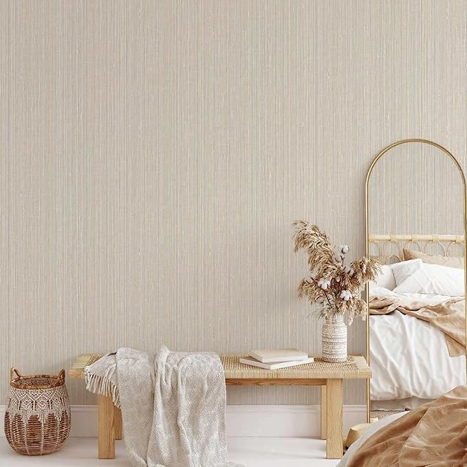 20.8" x 196.8" Grasscloth Wallpaper, Beige Textured Peel and Stick Wallpaper for Decor Bedroom Kitchen Cabinet