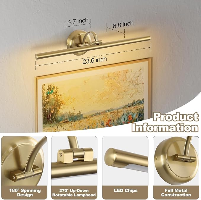 Hard-Wired Picture Lights 23.62 Inch Dimmable LED Wall Art Lighting Modern Brass Gallery Light Poster Lights Adjustable Swing Arm Picture Frame Light for Display Art Work,14W,2700K, Warm White