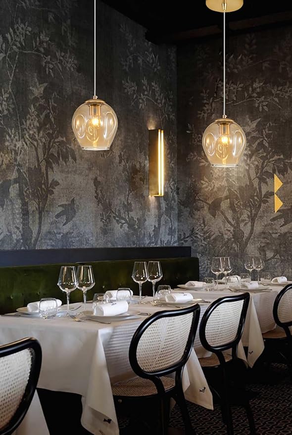 1-Light Hanging Light Fixtures Pendant Lights Kitchen Island Hand Blown Modern Glass Chandelier for Living Room Coffee Bar (Gold+Amber)