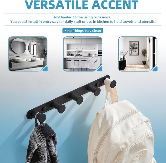 Angle Simple Towel Hook Rack Matte Black, SUS304 Stainless Steel Bathroom Hook Rail 5 Hooks, Utility Kitchen Towel Holder, Wall Mount