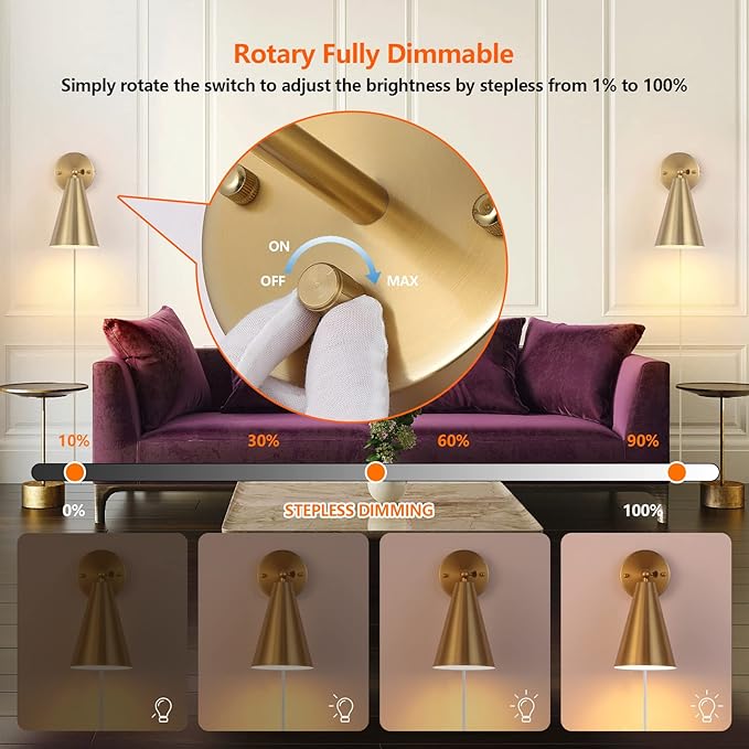 MWZ Gold Wall Sconces Set of Two Plug in,Brass Modern Dimmable Sconces Adjustable Angle Lights with Metal Shade and Dimmer On/Off Rotary Switch, Wall Mounted Light for Bedroom Bedside Stairway