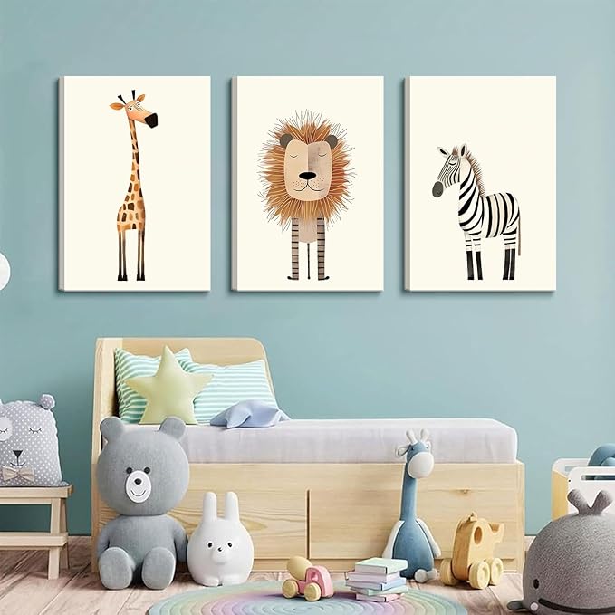 Safari Nursery Wall Art Baby Animal Canvas Wall Decor Cute Giraffe Lion Zebra Jungle Pictures Prints Posters for Baby Boy Girl Children's Room Bedroom Home Decorations 12x16inx3 Framed