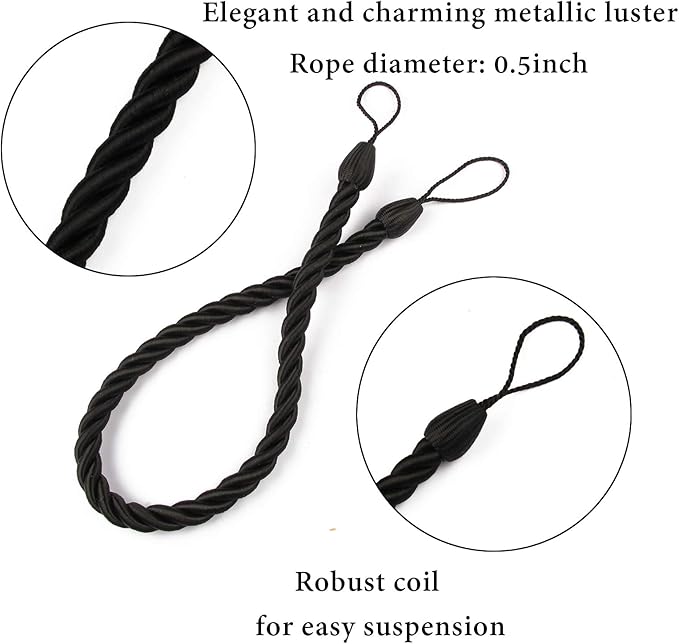 BEL AVENIR Curtain Tiebacks Ropes Tie-Backs, Handmade Curtain Holdbacks (Black, 4pack)