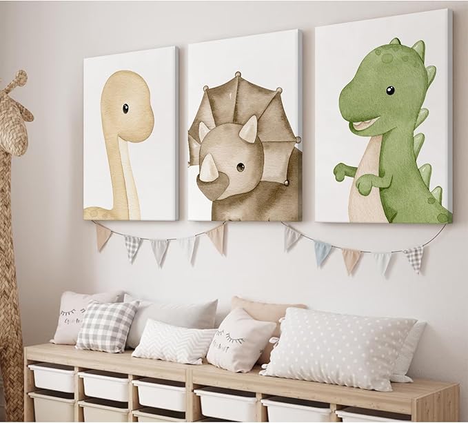 Dinosaur Wall Art Kids Boys Room Canvas Wall Decor Dino Nursery Wall Art Pictures Baby Dinosaur Poster Prints for Boys Bedroom Bathroom 12x16 Inch Framed Set of 3