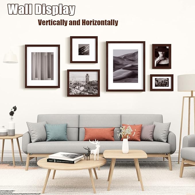 Egofine 8x8 Picture Frames Made of Solid Wood with Plexiglass, Display Pictures 4x4/6x6 with Mat or 8x8 Without Mat Set of 4 for Tabletop and Wall Mounting, Walnut Color