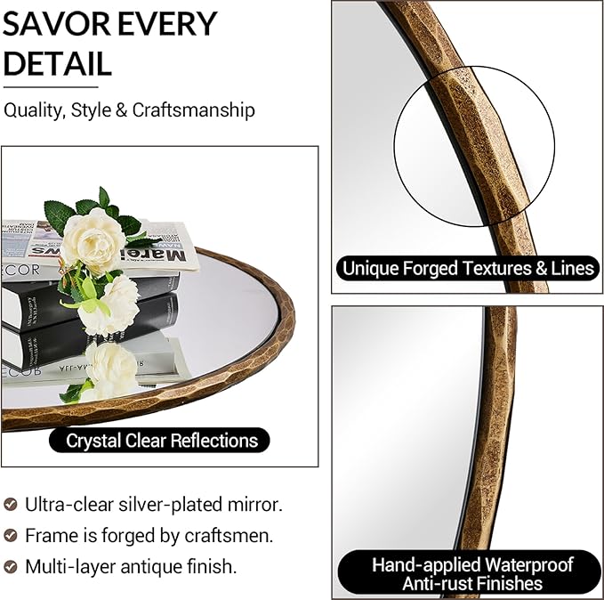 ANDY STAR 30 Inch Hand-Forged Round Gold Mirrors, Metal Frame Bathroom Round Wall Mirror for Over Sink, Large Vanity Circle Mirror for Antique, Vintage, Farmhouse, Rustic