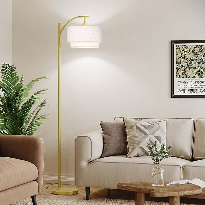SUNMORY Floor Lamps for Living Room with 12W LED Bulb, Arc Floor Lamp with 3 Color Temperatures, Modern Floor Lamps with Adjustable Double Fabric Shades, Tall Standing Lamp for Bedroom, Corner