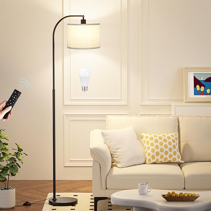 Arc Floor Lamp with Remote and Stepless Dimmable Bulb, Colors Temperature & Brightness Adjustable, Floor Lamps for Living Room（Grey Shade & Black Pole）