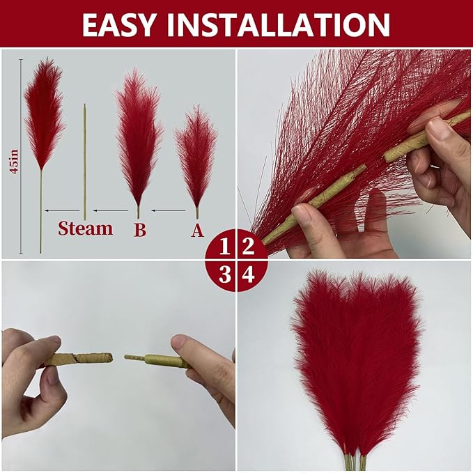 8 Pcs Deep Purple Tall Faux Pampas Grass Decor, 45 Inches Artificial Pampas Grass Bulk, Large Faux Pompas Dried Decor for Floor Vase Filler, Home Boho, Wedding Anniversaries, Baby Shower Decoration