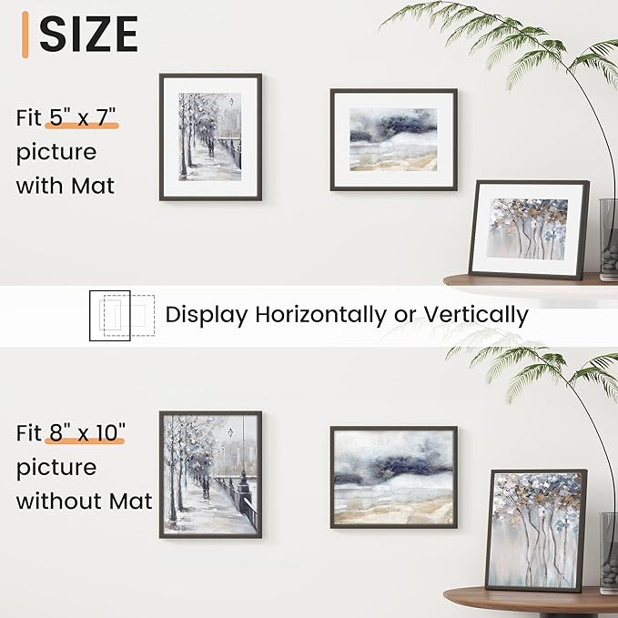 8x10 inch Metal Picture Frame - 8 x 10 Thin Aluminum Photo Frames with 5x7 Removable Mat - High Definition Plexiglass - Ideal for Wall or Tabletop Display - Wall Hook Hanging Hardware Included - Black, Set of 1