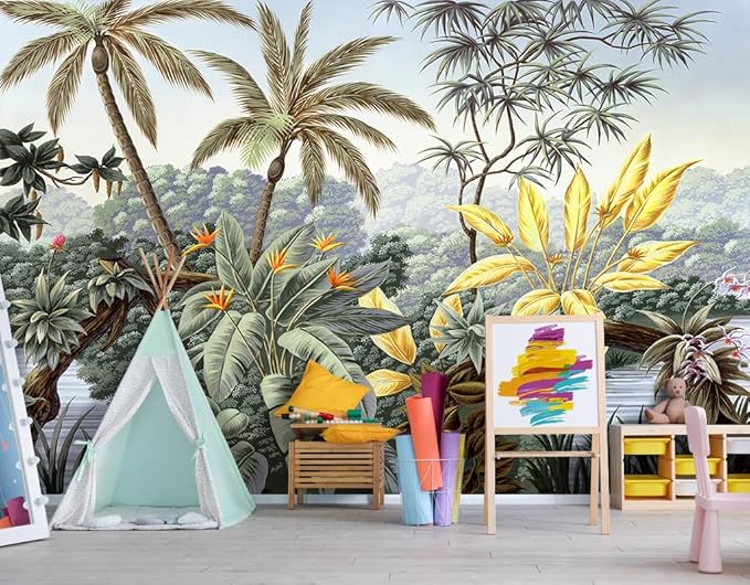 -Tropical Botanical Palm Leaf Fabric Wallpaper Living Room Bedroom Bathroom Rainforest Plant Jungle Large Wall Mural- 183"x120"（ not Peel and Stick）