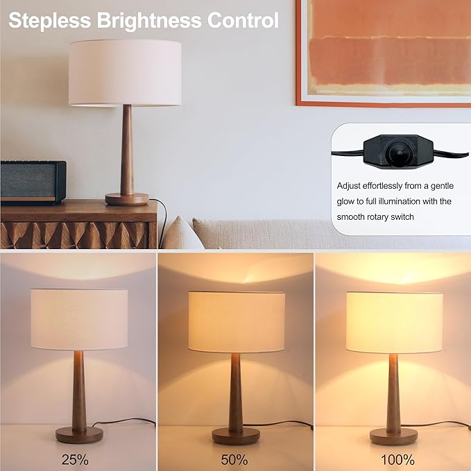 18.5" Tall Table Lamp for Living Room, Dimmable Modern Walnut Wood Desk Lamps for Bedroom, UL Listed Nightstand Lamp, End Table Lamps for Entryway, Console, Office, Dorm, White Line Shade