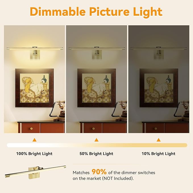 JO.KO 23.6 Inch LED Picture Lights for Wall Hardwired, Poster Art Gallery Light 10-100% Dimmable, 3000k Warm White Gold Wall Sconces 14W CRI90 for Gallery Artwork, Paintings and Bathroom
